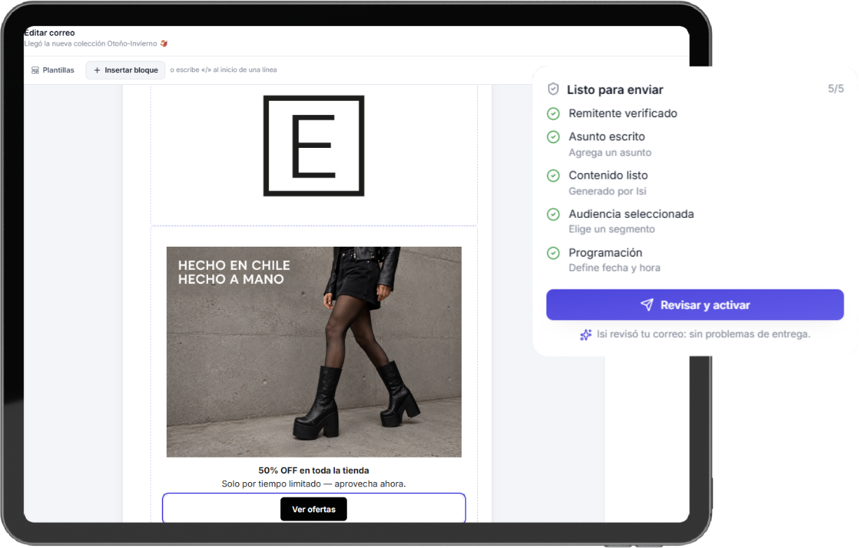 Campaña de email generada por Isi, lista para aprobar